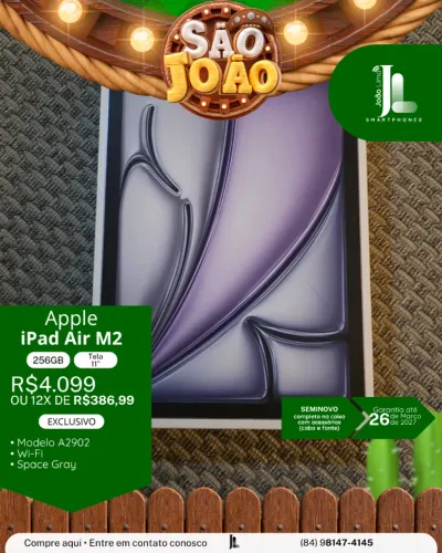 IPAD AIR M2, 256GB, TELA 11?, SEMINOVO NA GARANTIA, EXCLUSIVO!