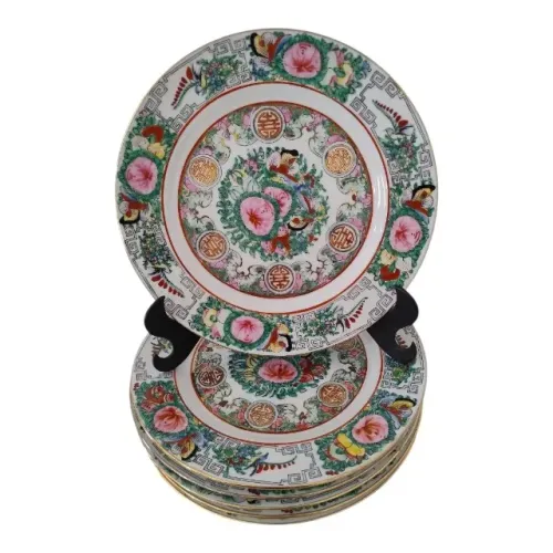 Antigos 6 Pratos Rasos Porcelana Chinesa Mandarim Brasão Vintage