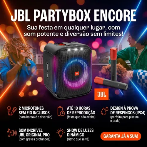 ? LEVE A FESTA COM VOCÊ! JBL PartyBox Encore com 2 Microfones Sem Fio ?