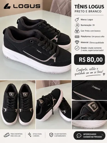 Tênis Logus Preto e Branco Nº 39 - Seminovo por R$ 80**?