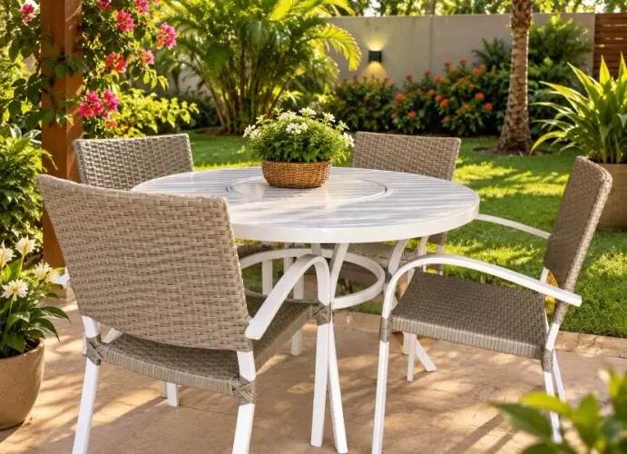 Conjunto Mesa e 4 Cadeiras de Alumínio p/ Piscina - Com Prato Giratório, Excelente Estado