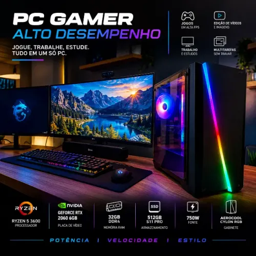 PC Gamer Ryzen 5 3600 RTX 2060 32GB + Monitores LG Opcional