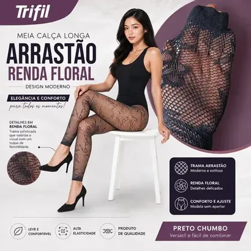 Meia Calça Longa Arrastão Trifil Legging Feminina Renda Com Trama Floral Preto Chumbo