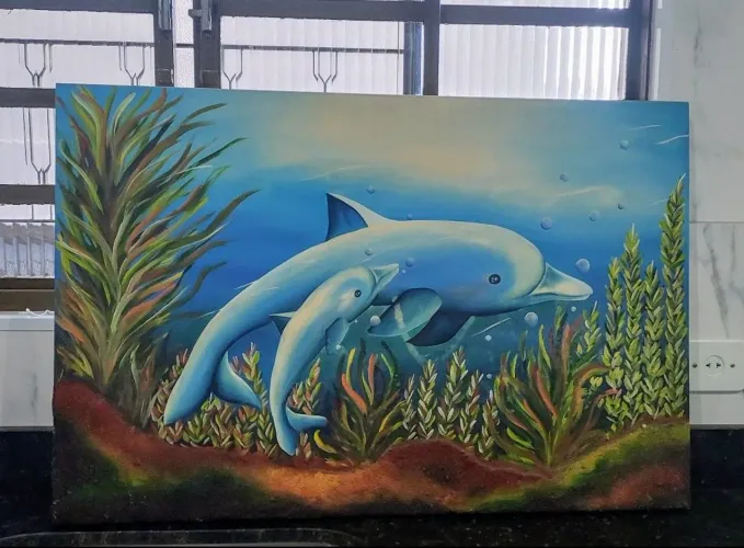 Quadro golfinho tela pintado a óleo 
