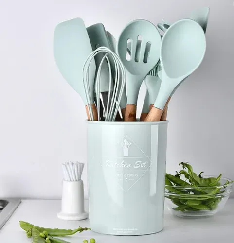 Jogo Kit C/12 Peças Espátulas de Silicone Utensílios De Cozinha Colheres Cabo Madeira z659