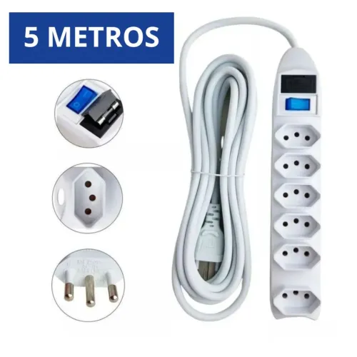 Extensão Elétrica 5 Metros 6 Tomadas com Interruptor