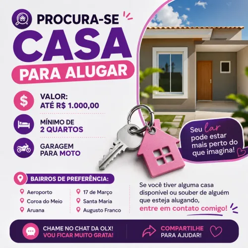 Quem souber de casa para alugar pelos bairros entre em contato pelo chat porfavor