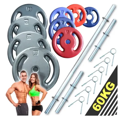 60kg Anilhas Emborrachadas + Barra 1,80cm + 2de40cm + Barra W 1,20