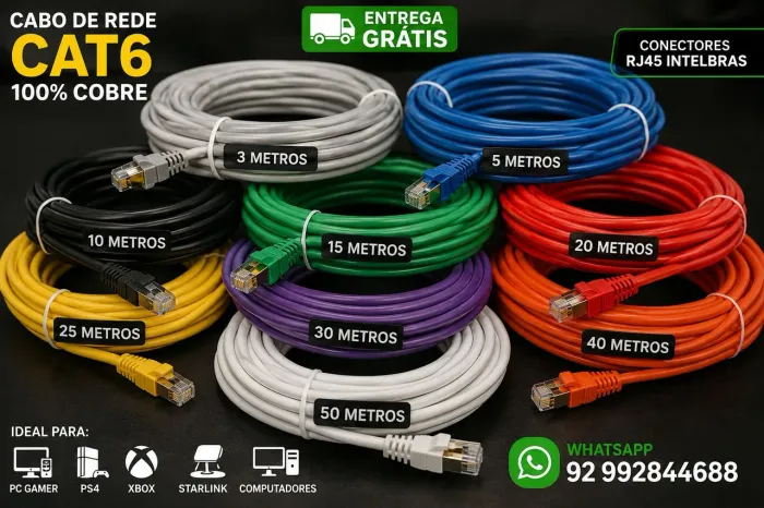 Cabo de rede CAT6 e CAT.5e 10GBPS 250MHZ 1000MBPS 5m 10m 15m 20m 25m 30m 35m 40m 50m 60m