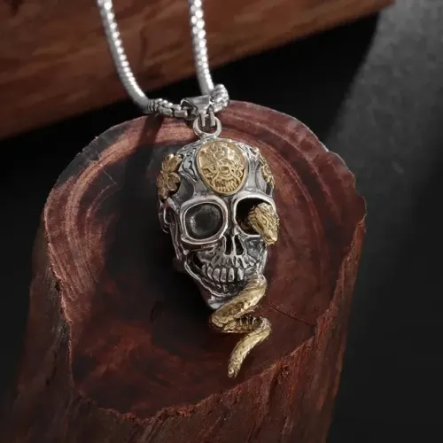 Colar Caveira Mexicana Vintage Com Serpente Aço Masculino
