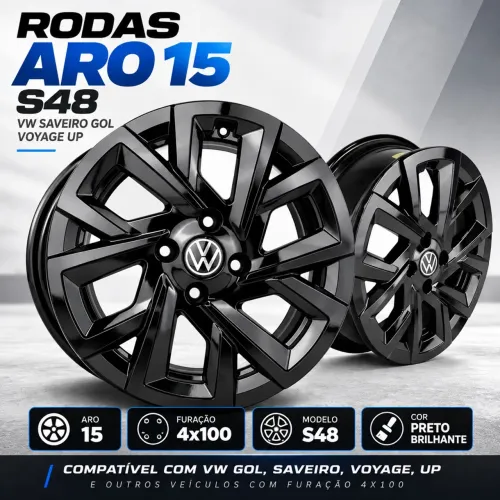 Rodas Aro 15 S48 VW Saveiro Gol Voyage Up - Preto - 4x100