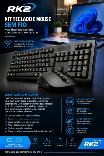 Kit Teclado e Mouse sem Fio - Novo