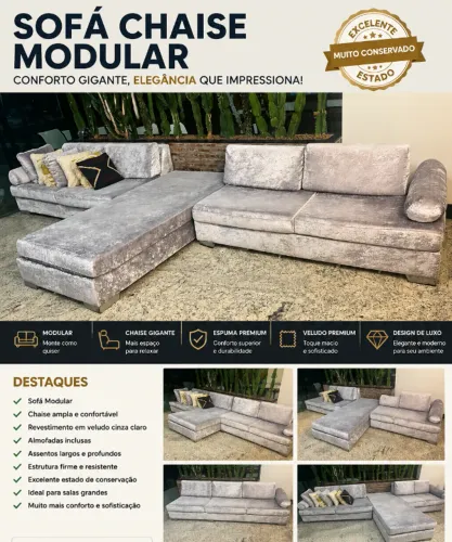 Sofá Chaise Modular em Veludo Cinza Claro - Luxo, Conforto e Excelente Estado
