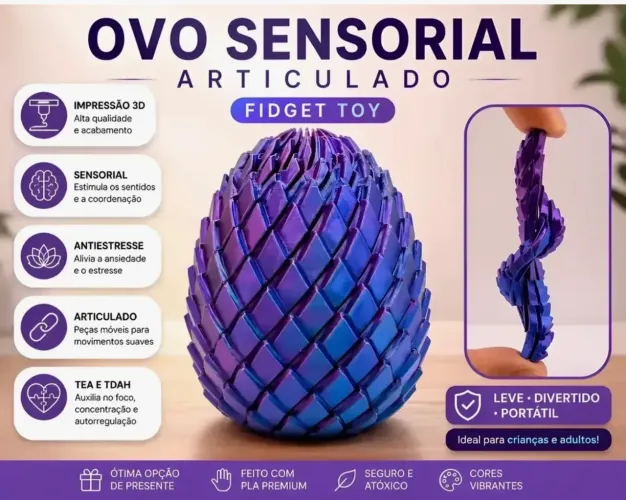 Ovo de Dragão Articulado Impresso em 3D - Brinquedo Sensorial Anti-Estresse