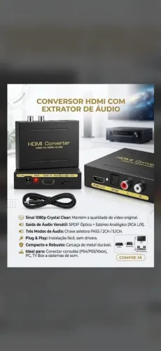 Extrator de Áudio HDMI para HDMI + SPDIF Óptico e RCA (L/R)