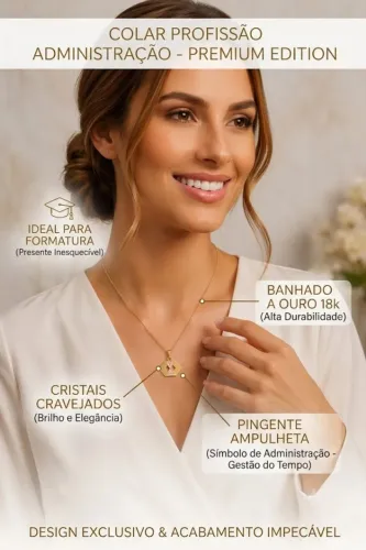 Colar Profissão Administração Banhado a Ouro 18K com Pingente Ampulheta e Cristais - Forma