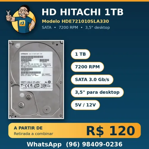 HD Hitachi 1TB SATA 3,5" 7200 RPM | R$120