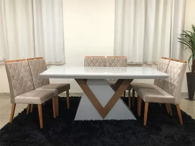 Mesa de Jantar com Tampo de Vidro Branco e 8 Cadeiras na cor Bege