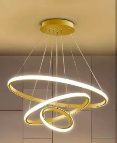 NOVO-Lustre Pendente LED Moderno 3 Anéis/3 Arcos 60cm Dourado - 60w a 89w, p/sala d jantar