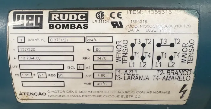 Motor para Bomba D'agua Monofásico | 1/2 HP Semi-Novo - Weg