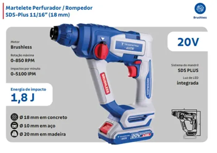 Martelete Perfurador / Rompedor SDS Plus 11/16" 18mm By Total Tramontina