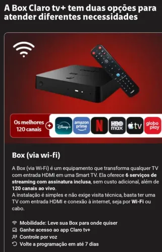 Box Claro tv+ oferece acesso a mais de 120 canais ao vivo,