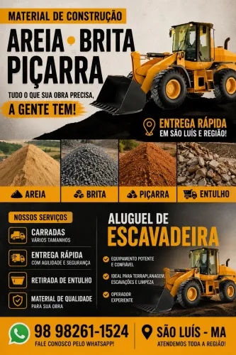 Areia, Brita, Piçarra e Aluguel de Escavadeira - Entrega Rápida