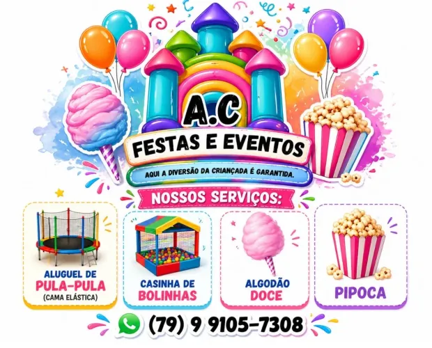 Pula pula, Algodão doce, Casinha de bolinhas e Pipoca.