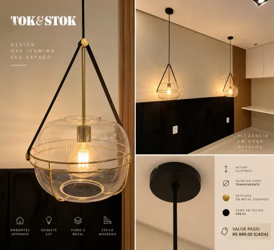 Luminária Pendente Tok&Stok - Vidro + Metal Dourado + couro