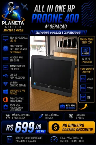 All in One HP Tela 20 core i3 4130 com 8gb de ram + SSD 128gb ou 256gb, 512gb e 1 Tb