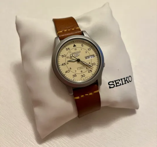 relógio automático seiko 5 military snk803 original - fundo transparente + kit 4 pulseiras
