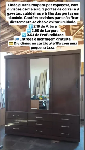 Entrega e montagem gratuita, lindo guarda roupa com 3 portas de correr, Espelho, 9 gavetas