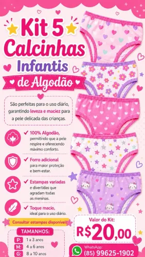 Kit 5 Calcinhas Infantis de Algodão