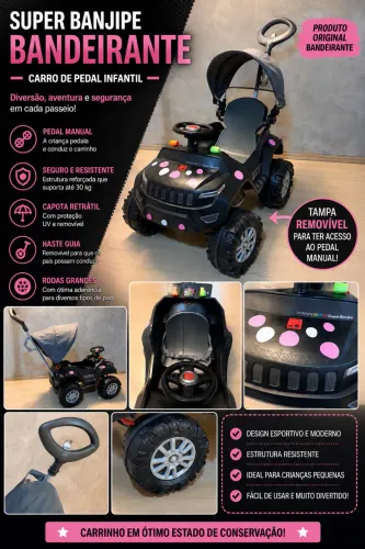 SuperJipe Reclinável Com Capota Passeio e Pedal - Preto - Bandeirante