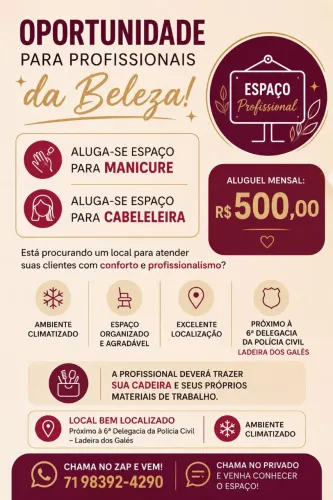 Aluguel de espaço para manicure e cabeleireira