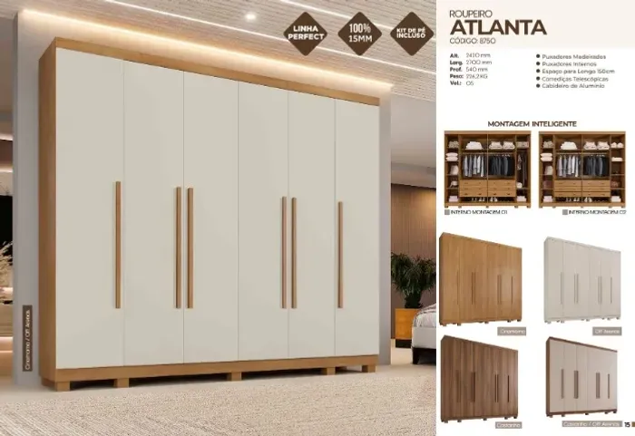 Guarda roupa de casal Atlanta com 6 portas e 2,70cm de largura - 5 opções de cores