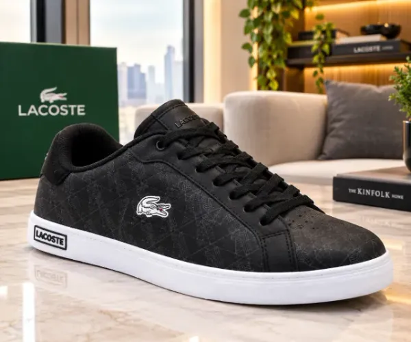 Tênis Lacoste Couro Original Preto com Detalhes em Branco (42 BR, Preto)