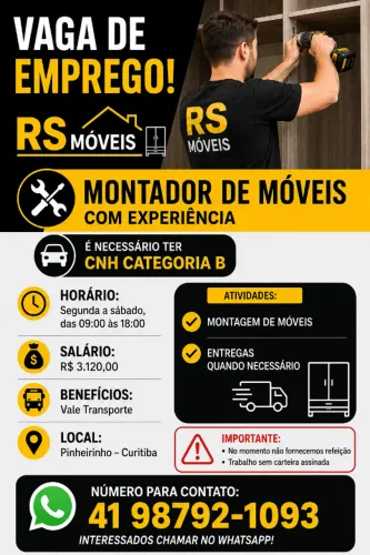 MONTADOR DE MOVEIS COM EXPERIENCIA E CNH B