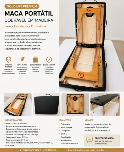 Maca Portátil Gold Life Premium Dobrável em Madeira - Profissional