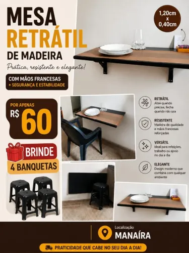Mesa retratil, otima de madeira 1,20 x 0,40.