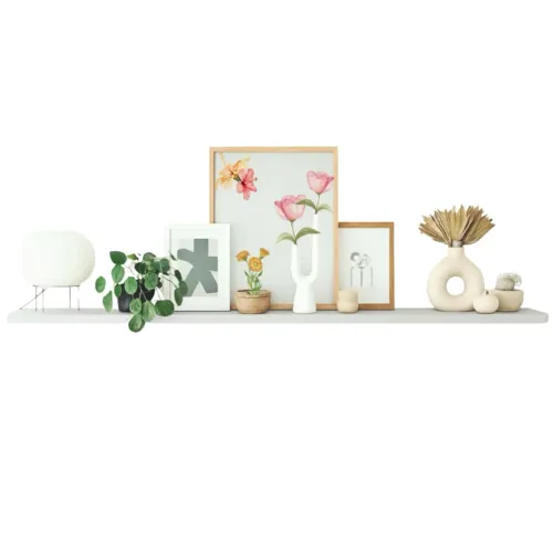 Prateleira em MDF cinza cristal com cantoneiras brancas de metal