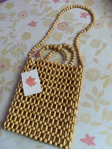 Bolsa artesanal de madeira, importada, feminina, nova
