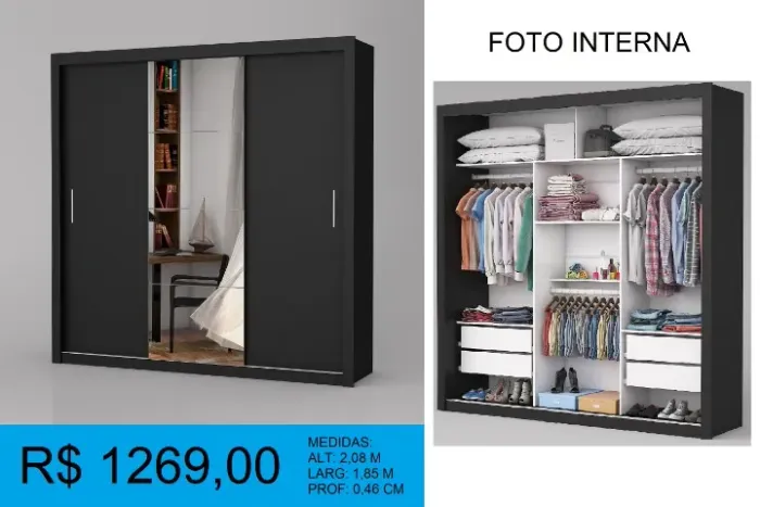 Roupeiro 3 portas de correr com espellho incluso - Entrega e montagem gratis 