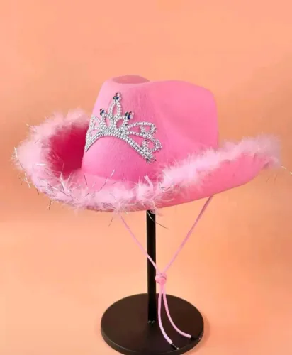 1 Chapéu Cowgirl Rosa com Coroa e Penas - Para usar em festas