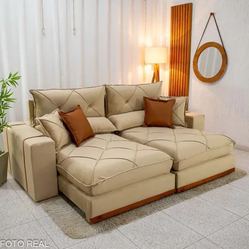 Sofá Retrátil Reclinável Gran Bello 2.30m Veludo Bege Escuro - Molas Ensacadas Pocket
