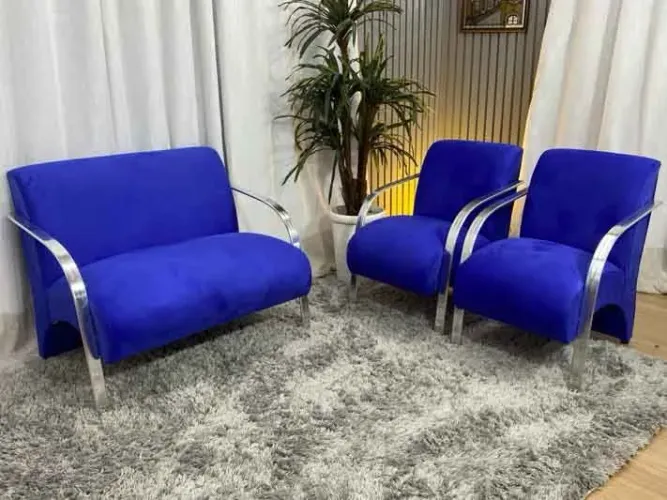 Conjunto de Poltronas 2x1x1 Lugares Azul Braço Alumínio
