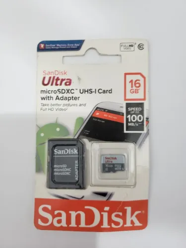 Cartão de Memória SANDISK 16GB ULTRA FULL HD - c/ Adaptador Novo Velocidade 100 MB/s