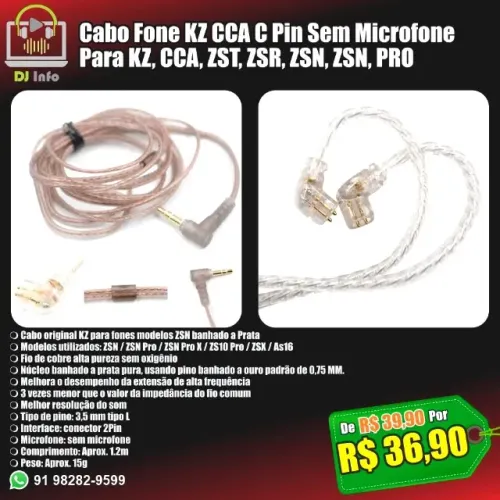 Cabo Fone KZ CCA C Pin Para KZ, CCA, ZST, ZSR, ZSN, ZSN, PRO sem Mic