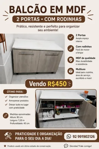 Balcão em MDF 02 portas com rodinhas