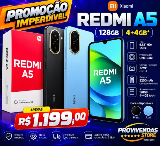 Redmi A5 128GB 4+4GB RAM 8GB Expansível Dual Chip Cores Preto e Azul Smartphone lacrado. 